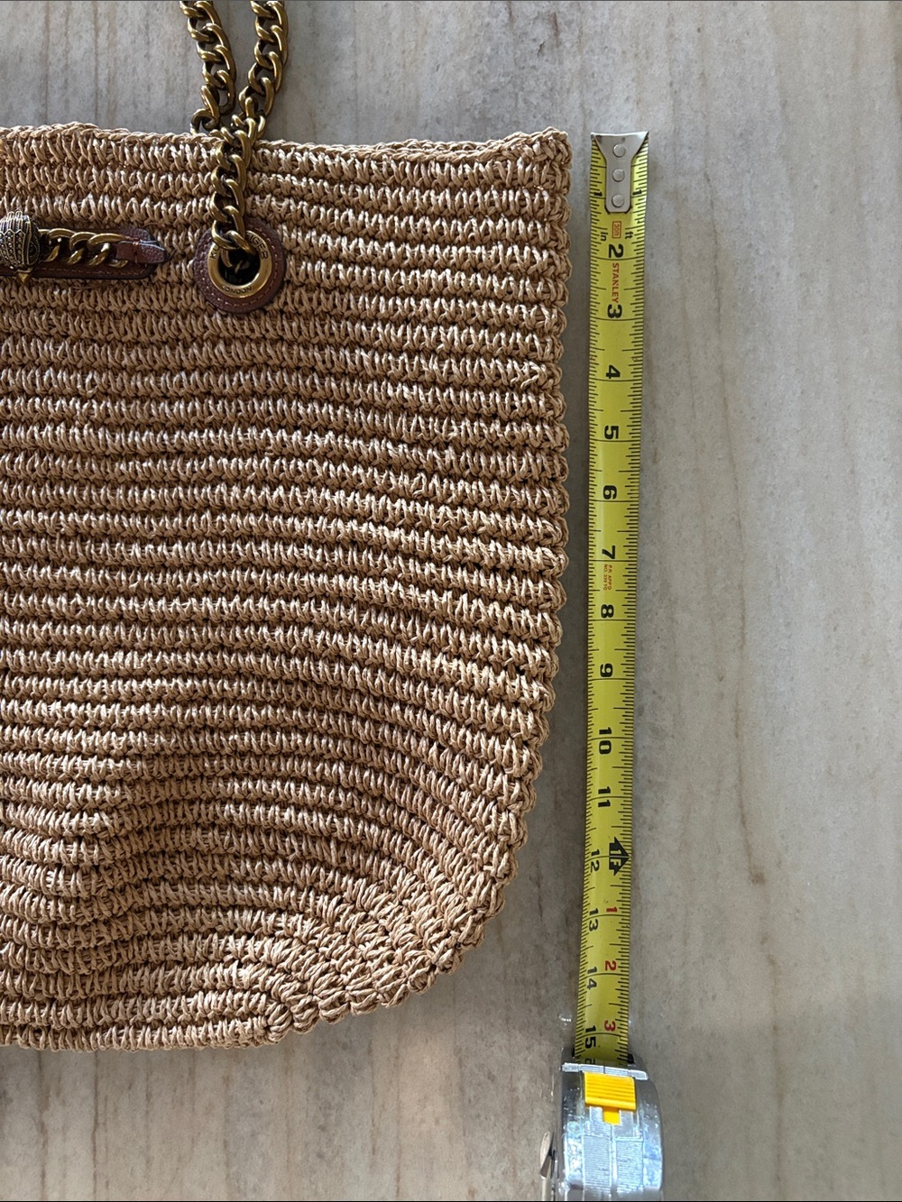 Kurt Geiger Beige Straw Tote with Brown Leather & Gold Chain Handles - Picture 8 of 10